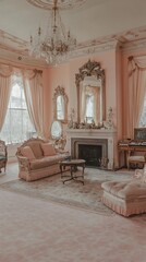 Elegant room with ornate details, soft lighting, antique furnishings, and decorative mirrors in a classic style