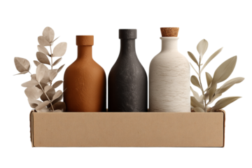 3D render of three bottles in a cardboard box mockup, with a beige and brown color palette, white isolated on a transparent background in PNG format.
