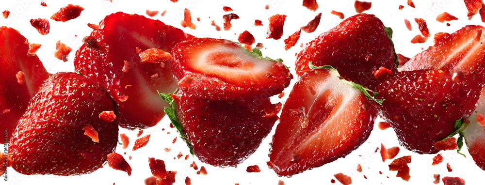 Poster Set of strawberries slice and floating in the air isolated on white background