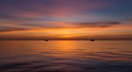 Obraz premium Two fishing boats are silhouetted on a calm sea under a beautiful and vibrant sunset