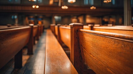 Wooden Church Pews in Dim Light, Interior View of Religious Building Seating