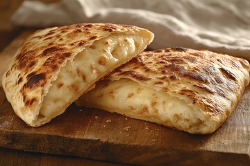 Two golden-brown cheese pastries, baked to perfection, showcasing a gooey, melted cheese filling.