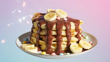 Stack of Pancakes Adorned with Chocolate Syrup, Banana Slices, and Colorful Candies on a Plate, Sweet Delight