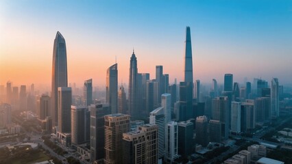 Obraz premium Aerial View of Modern City Skyline at Sunrise