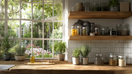 kitchen counter with fresh herbs, spices, and a large window overlooking a lush green garden