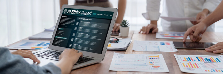 AI ethics responsibility standard law and rules on computer screen provide report of AI ethic...