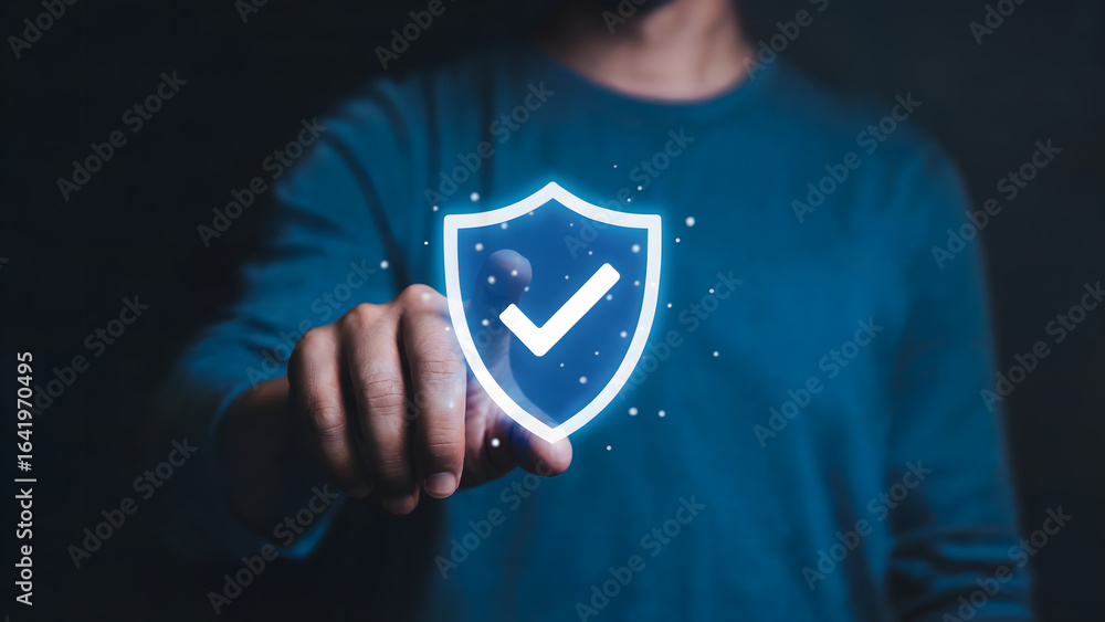 Poster a digital security concept image with a glowing shield and checkmark symbolizing cyber security, pro
