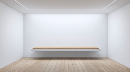 Minimalist White Room Interior with Wooden Shelf and Parquet Flooring for Product Display or Mockup