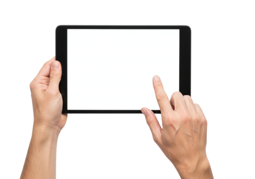 Photo of hands holding a tablet with a blank screen for mockup and presentation purposes on a transparent background