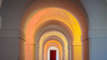 Fototapeta premium Arched hallway with a red door and yellow light in a building interior