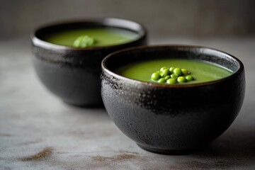 Creamy pea soup in dark bowls, garnished with fresh peas. A delicious and healthy meal.