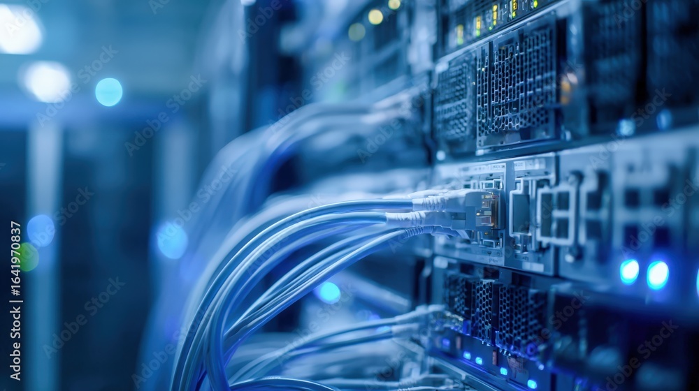 Poster data center equipment: server racks and cables for high-speed network and information technology inf