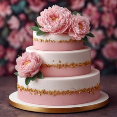 Elegant three-tier cake adorned with pink flowers and golden accents at a festive celebration