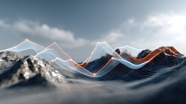 Abstract landscape with graphical representations of data trends.