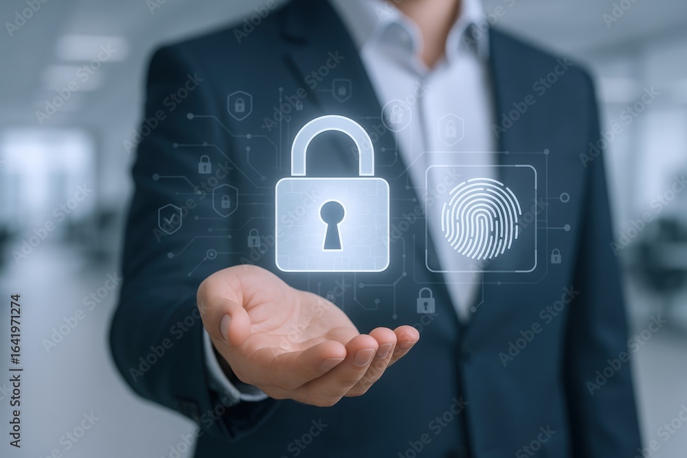 Poster cybersecurity professional offering digital lock and fingerprint scan for data protection and encryp