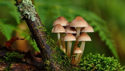 Fototapeta premium A cluster of small mushrooms growing on a mossy tree branch