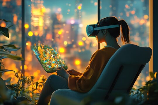 A woman wearing a VR headset experiences a virtual landscape projected onto a tablet, enjoying a futuristic, immersive digital experience.