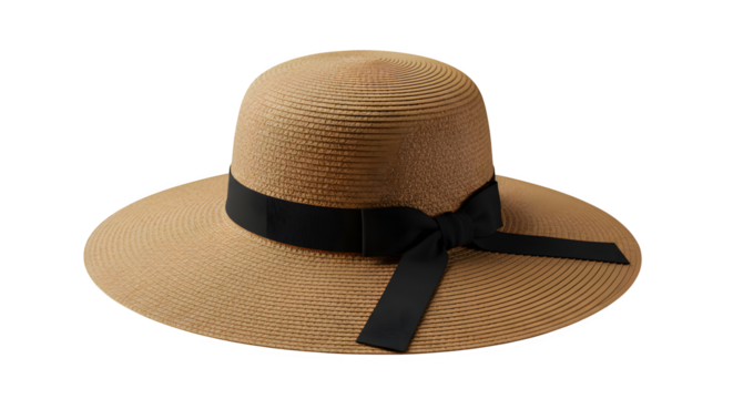 Woven tan hat features a dark ribbon on a black background. The image is suitable for fashion branding, website elements, and print ads.