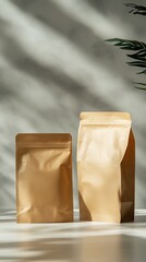 Two brown paper bags with shadow of leaves against grey backdrop. Sunlight and neutral tone