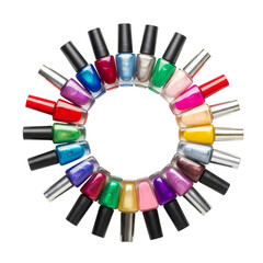 Obraz premium Colorful collection of nail polish bottles arranged in a circle isolated on transparent background