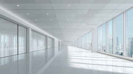Fototapeta premium Bright, Modern Office Space with Panoramic Windows and Polished Floors in a Contemporary Design