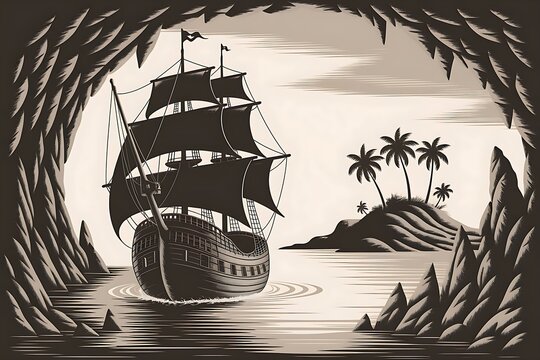 Pirate ship sailing towards tropical island