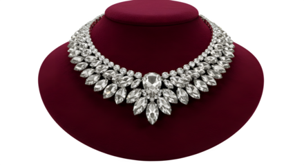 Glamorous diamond necklace on a red velvet display stands out. Captures luxury, and high fashion. Use for jewelry advertisements, branding, posters.