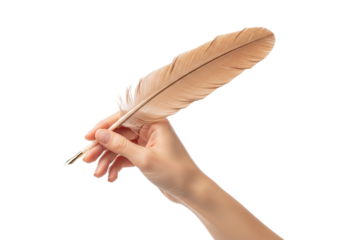 Photo of a hand holds a feather pen for writing a letter or signing a document on a transparent background