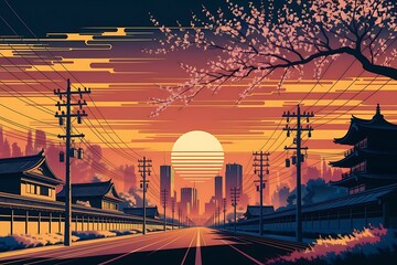 Pixel art sunset over japanese cityscape