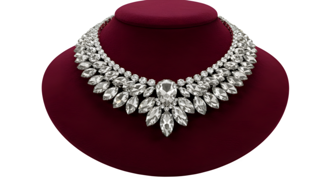 Glamorous diamond necklace on a red velvet display stands out. Captures luxury, and high fashion. Use for jewelry advertisements, branding, posters.