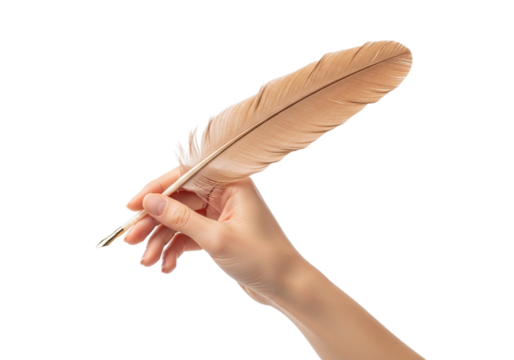 Photo of a hand holds a feather pen for writing a letter or signing a document on a transparent background