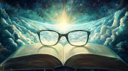 Eyeglasses on a book with cosmic background