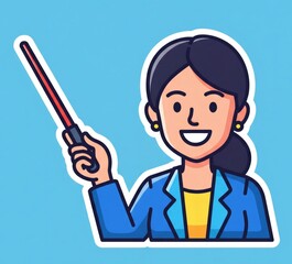 Smiling teacher or businesswoman holding a pointer stick, explaining something during a presentation