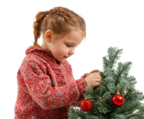 Little girl decorates the Christmas tree with sparkling red ornaments.
