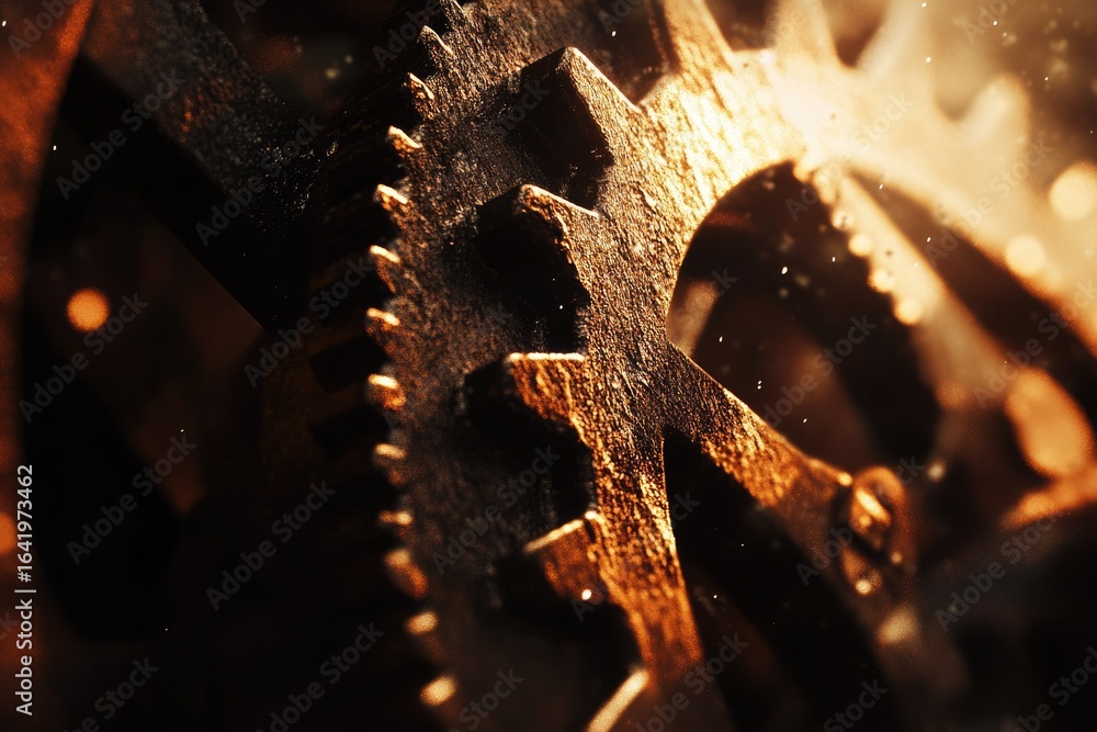 Poster close-up of intricate, rusty gears, illuminated by warm light, showcasing mechanical complexity.