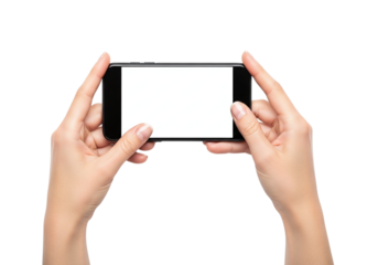 Photo of woman holding a smartphone with a blank white screen in horizontal orientation isolated on transparent background for easy use