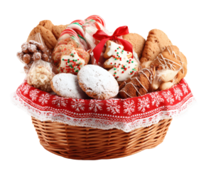 Festive Christmas basket filled with assorted cookies and candies ready for gifting.