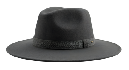 Dark gray felt hat showcases intricate band details on a black background. Ideal for fashion blogs, product showcases, or branding projects.