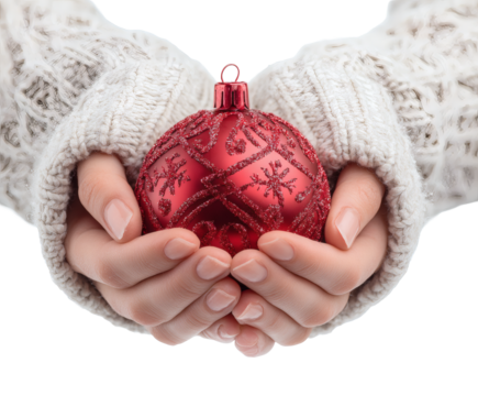 Hands hold a beautiful red Christmas ornament during the holidays.