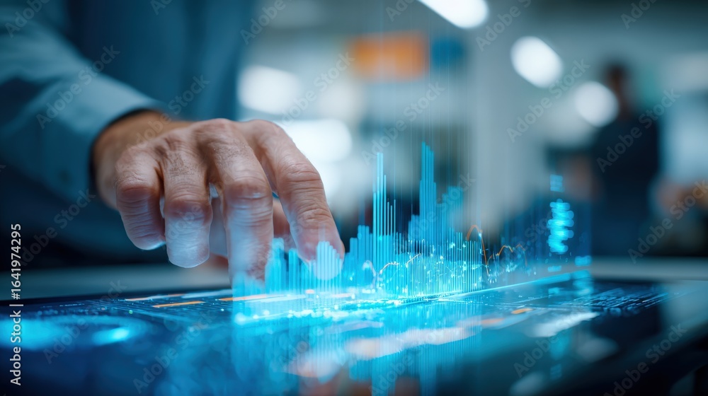 Poster hand interacting with digital interface displaying financial growth analysis and business intelligen