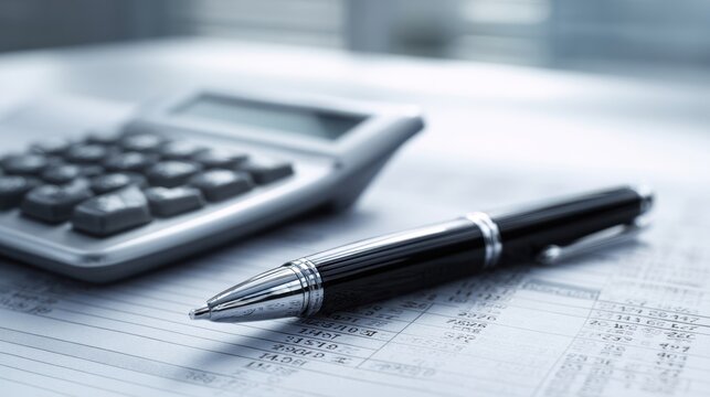 The sleek calculator and pen on financial documents in a professional workspace.
