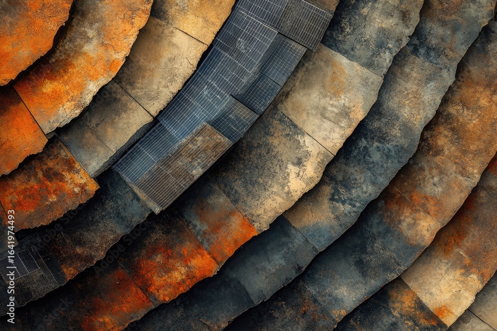 Poster abstract image of overlapping rusty metal sheets in warm earthy tones, creating a textured pattern.