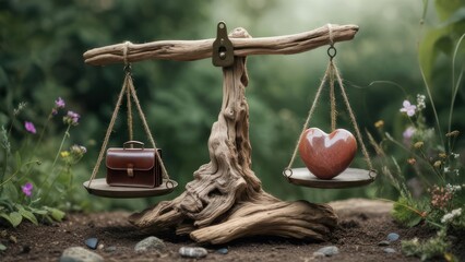 Wooden balance scales, heart & briefcase