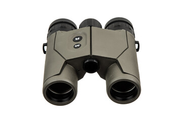 
Front view of military green binoculars with buttons and large lenses, on a white back