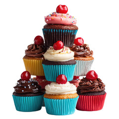 Pyramid of colorful cupcakes, topped with cherries