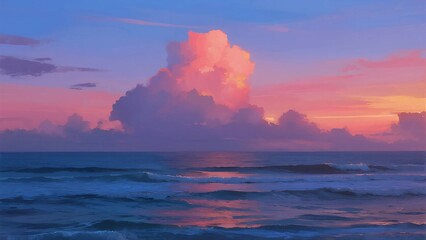 Dramatic Cloud Formation Over Calm Ocean During Sunset