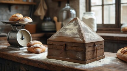 Wooden box with flour on a bakery counter