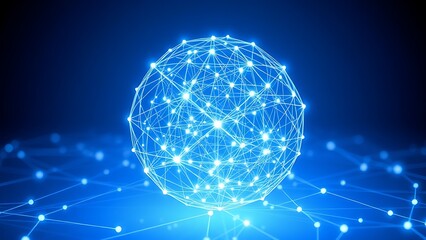Abstract blue and white glowing sphere with futuristic network connections, symbolizing advanced technology.