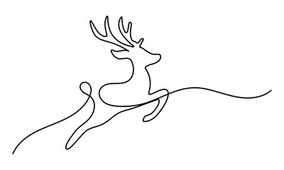 Fototapeta premium One continuous line drawing of christmas reindeer. Wild animal deer with antlers is dynamic silhouette in simple linear style. Editable stroke