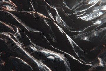 Crumpled black plastic material, textured surface